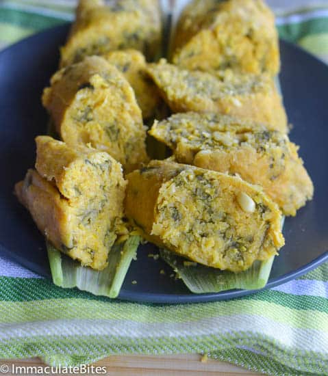 Slices of Koki Corn (African Fresh Corn Tamales)