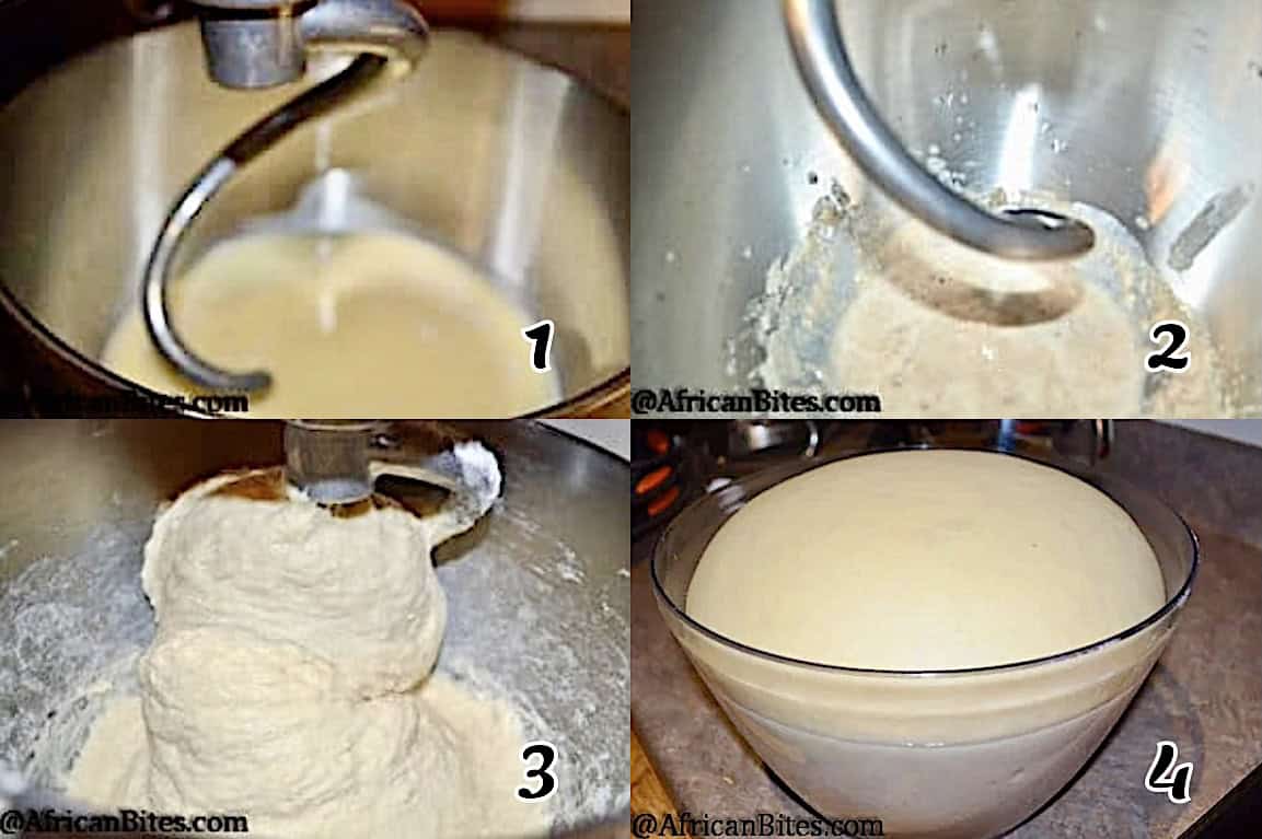 Activate the yeast, mix the liquids, add the flour, knead, and let the dough rise.