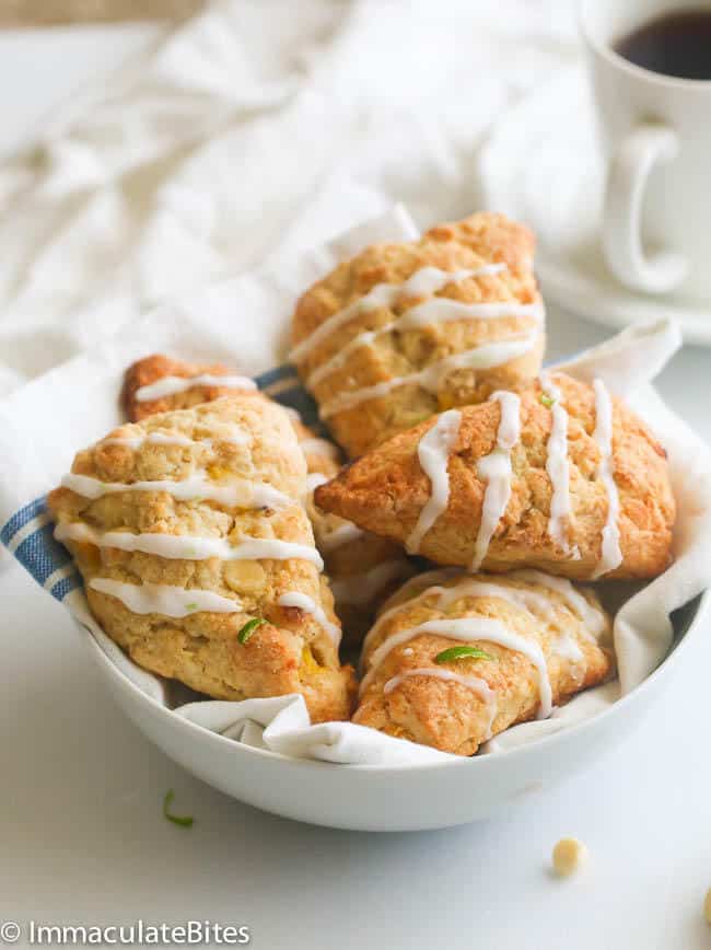 Pineapple White Chocolate Scones in a Bowl