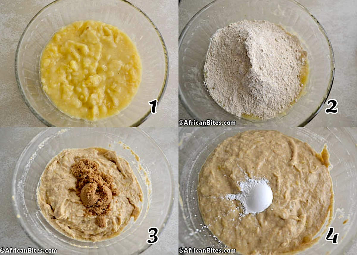 Mash the bananas, add the rest of the ingredients, and mix well