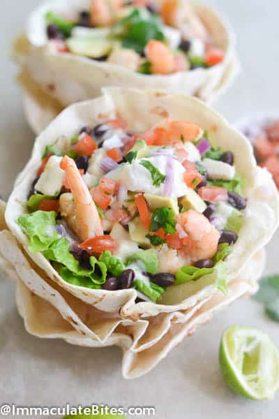 Tostada Bowl with shrimp salad for a delicious lunch