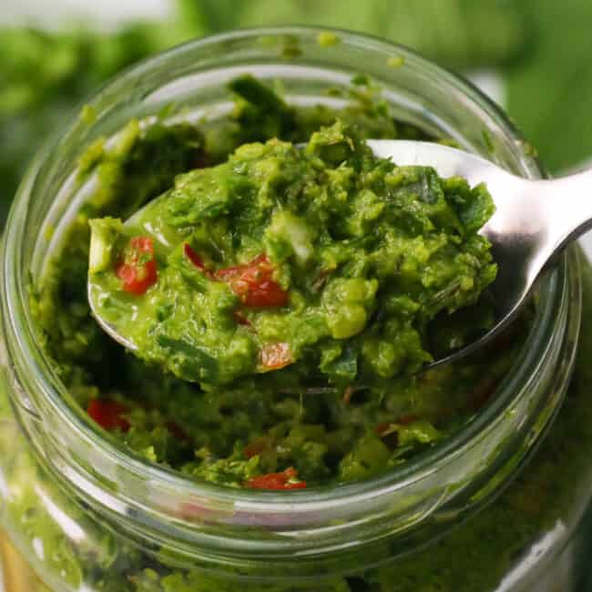 Closeup of Green sauce on a spoon