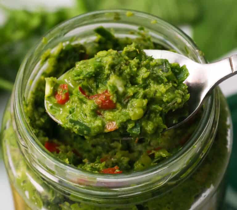 Closeup of Green sauce on a spoon