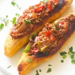 Enjoying ridiculously delicious baked stuffed plantains for a healthy dinner