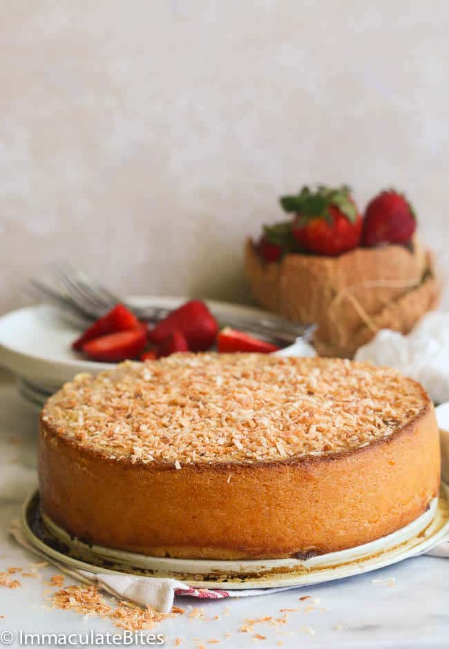 An amazing cassava coconut cake fresh from the oven and ready to serve