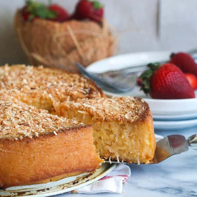 Cassava coconut cake with strawberries