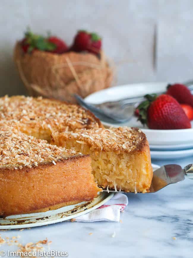 Cassava coconut cake with strawberries for a decadent dessert