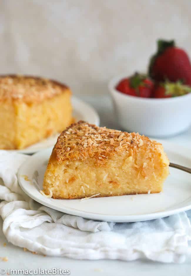 A slice of the best cassava coconut cake 