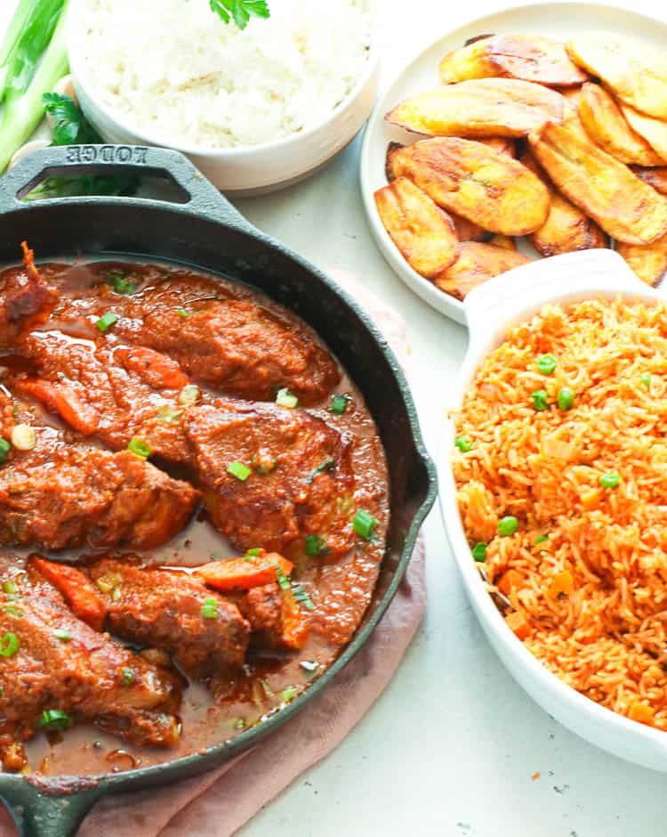 Chicken Stew (African-style) Served with Jollof Rice and Fried Plantains
