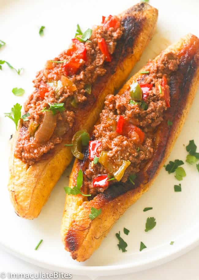 Two Stuffed Baked Plantains in a Plate