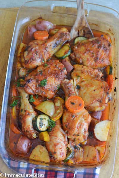 Saucy Roasted Chicken on a Bed of Vegetables