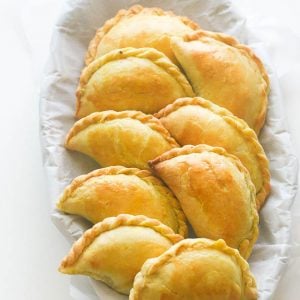 Jamaican beef patties ready to serve in a basket