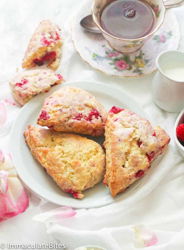 Raspberry White Chocolate Scones with tea