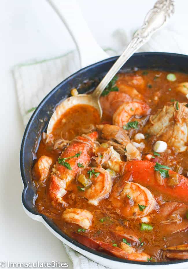 Chicken, Shrimp, and Sausage Gumbo in a White Pan