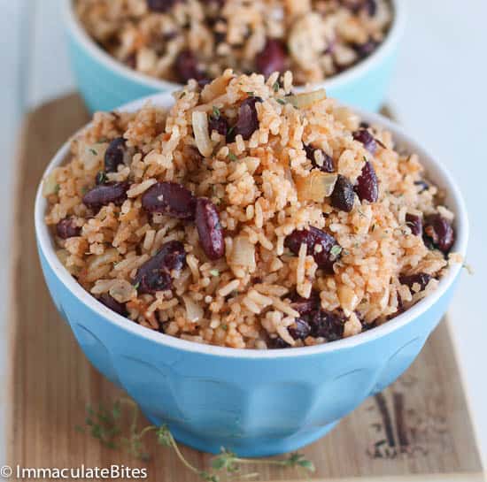 A huge bowl of Caribbean rice and beans for pure comfort food