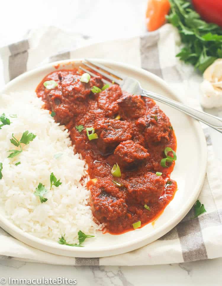 African Beef Stew Served with White Rice