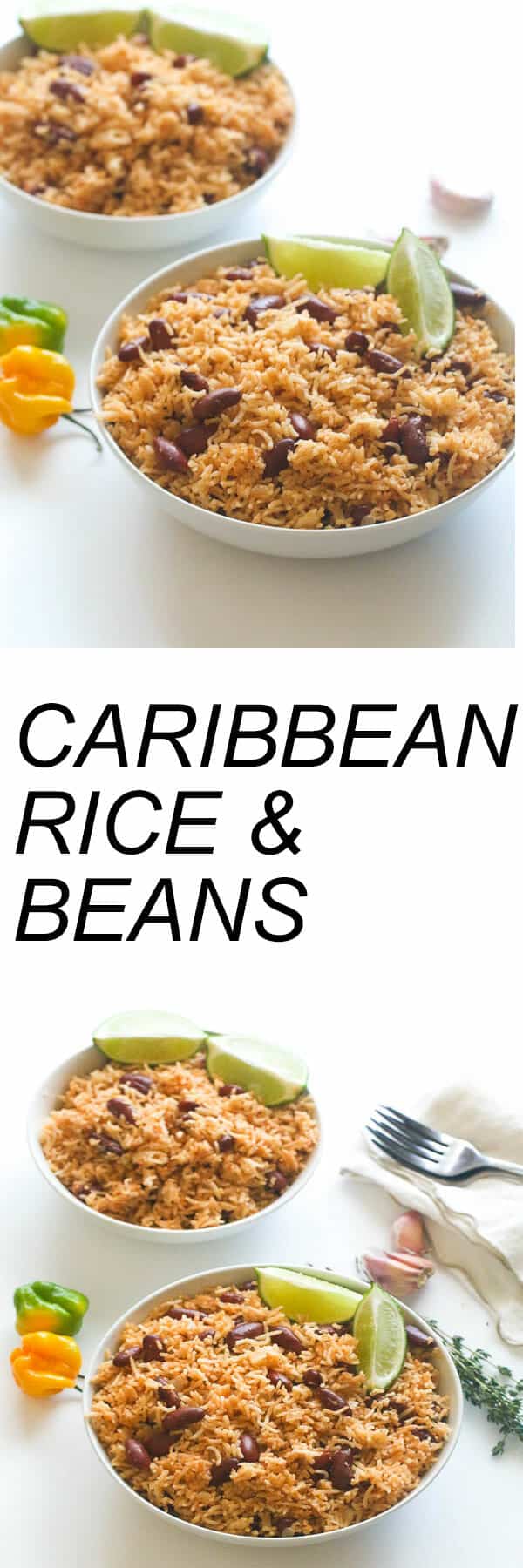 Caribbean Rice and Beans-Seasoned with garlic and onions and creole spice. Infused with bay leaves, thyme, Scotch bonnet and coconut milk.