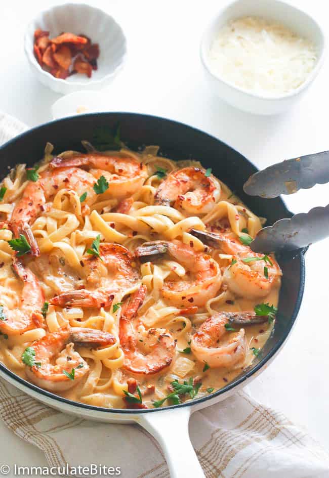 Creamy Bacon Fettuccine Shrimp Scampi