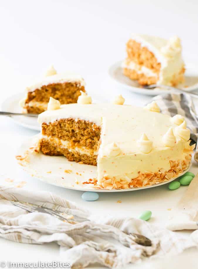 Carrot Pineapple Cake covered in cream cheese frosting