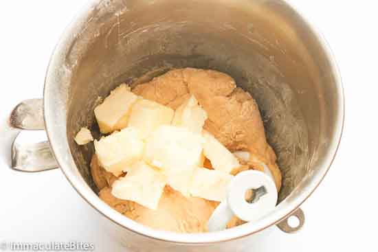 Butter added to the brioche dough using a stand mixer