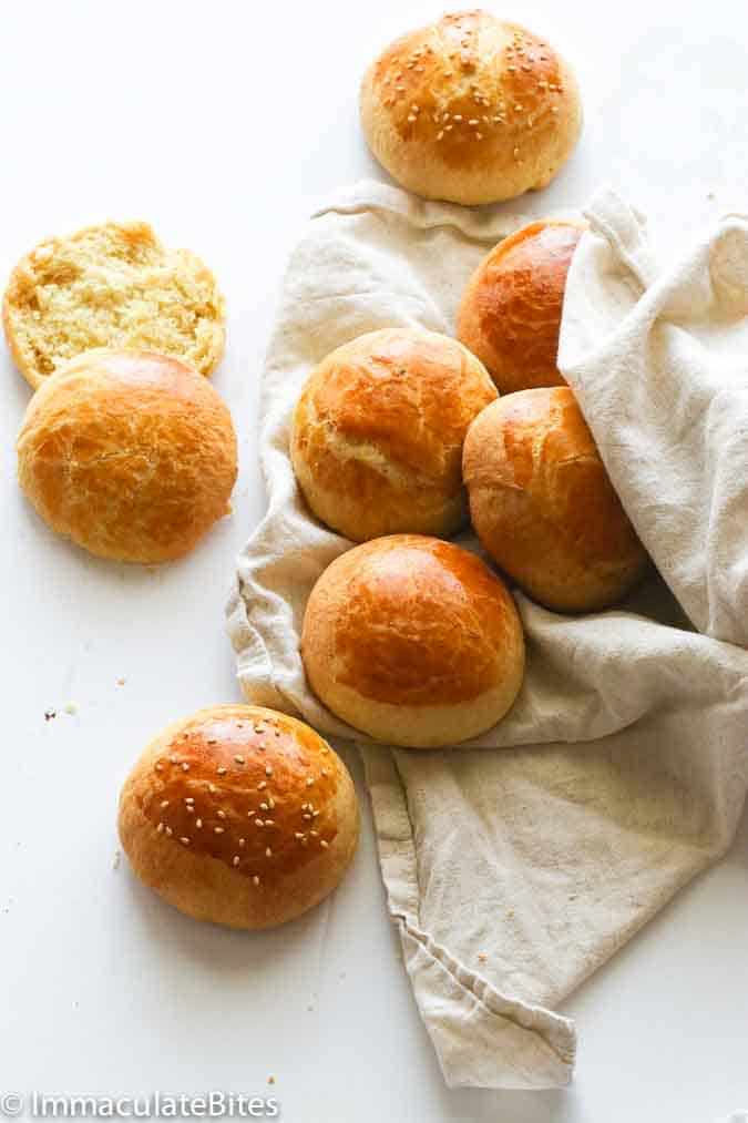 Brioche buns with sesame seeds, coconut sugar, or a simple egg wash. Super delicious