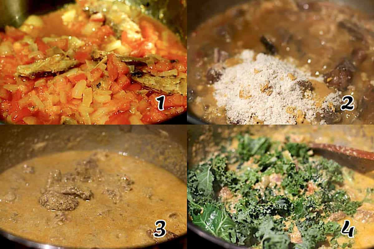 Saute veggies, add egusi, simmer, add greens, and serve