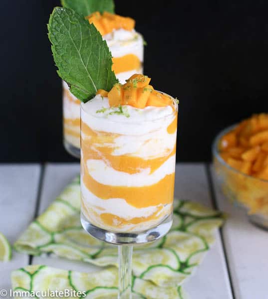 A refreshing chilled parfait-like dessert decorated with a mint leaf