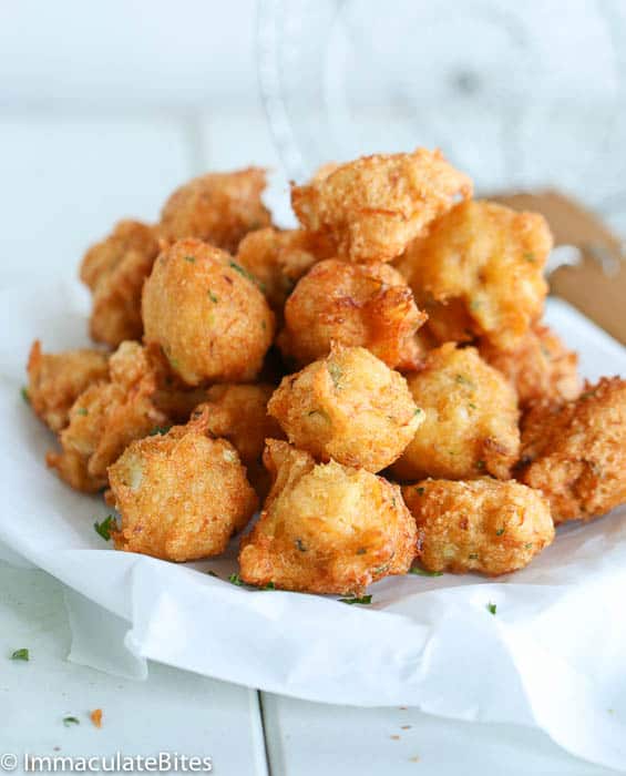 A basket full of saltfish fritters, Jamaican style. Melt-in-your-mouth delicious