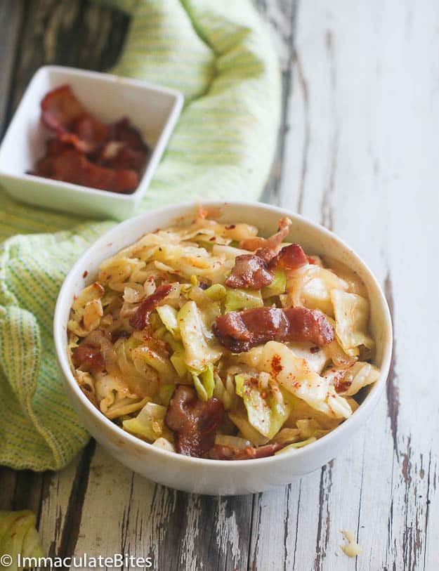 low carb dinner recipes featuring Southern Fried Cabbage in a white bowl