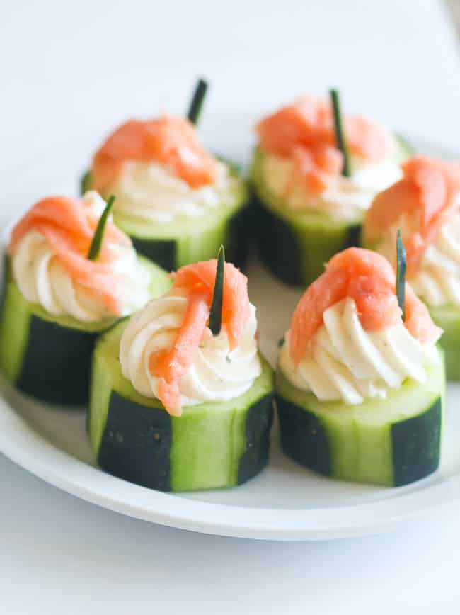 Cucumber, Salmon, Cream Cheese Appetizers garnished and ready to serve