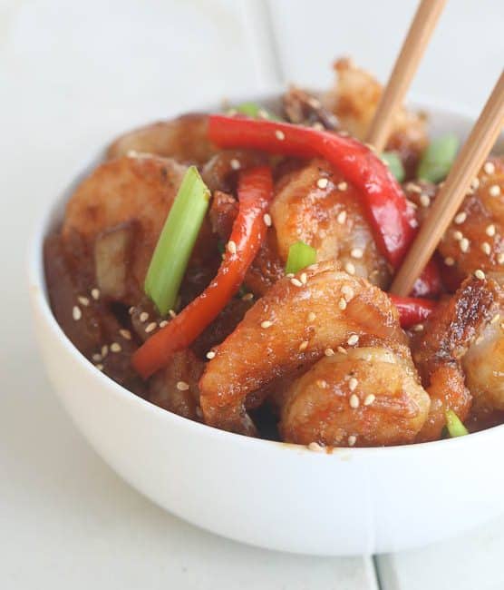 Sesame seeds topped Mongolian Shrimp