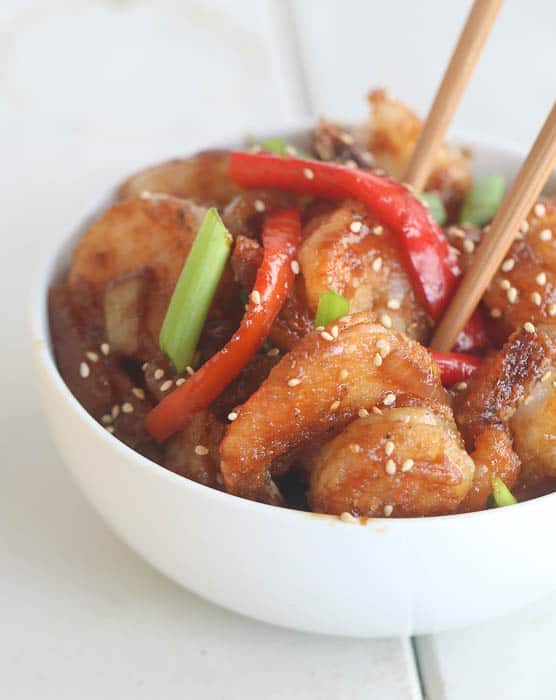 Sesame seeds topped Mongolian Shrimp