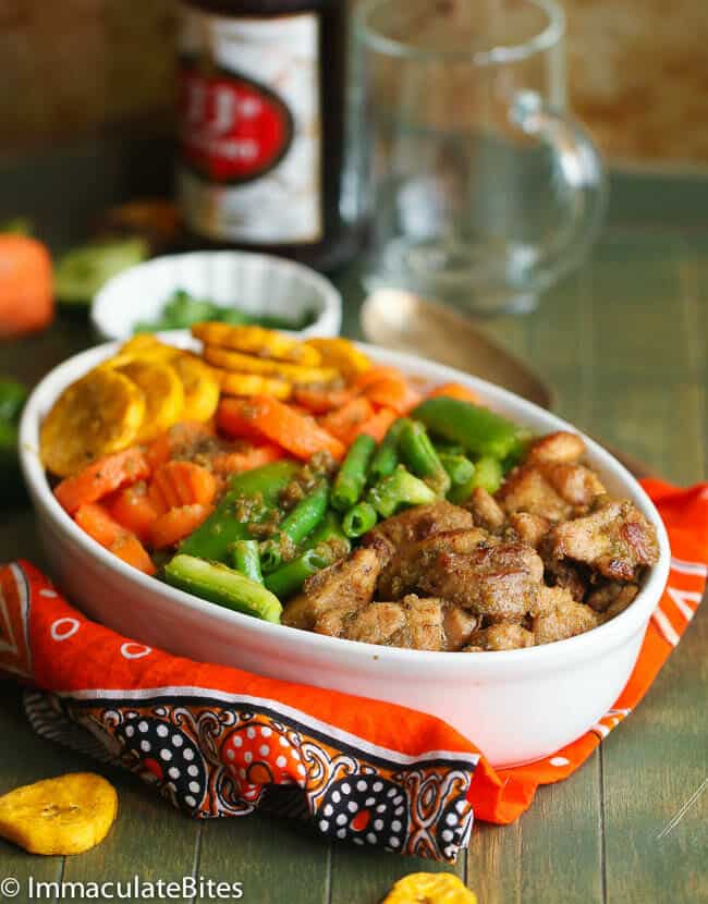 Chicken Plantains and Vegetables (Poulet DG) ready to serve