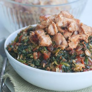 Deliciously stewed greens topped with leftover Thanksgiving turkey