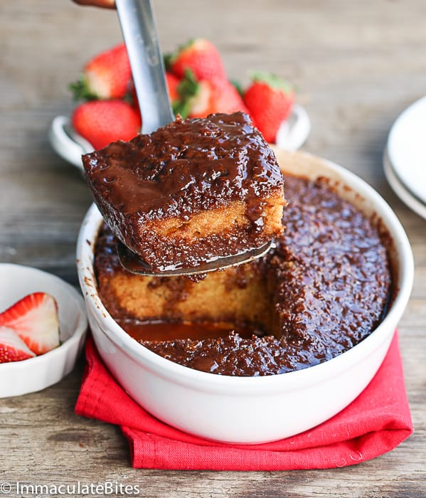 Chocolate Malva Pudding with a Slice Taken off the Baking Dish