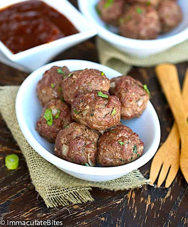Freshly baked meatballs ready to dip in pineapple BBQ sauce