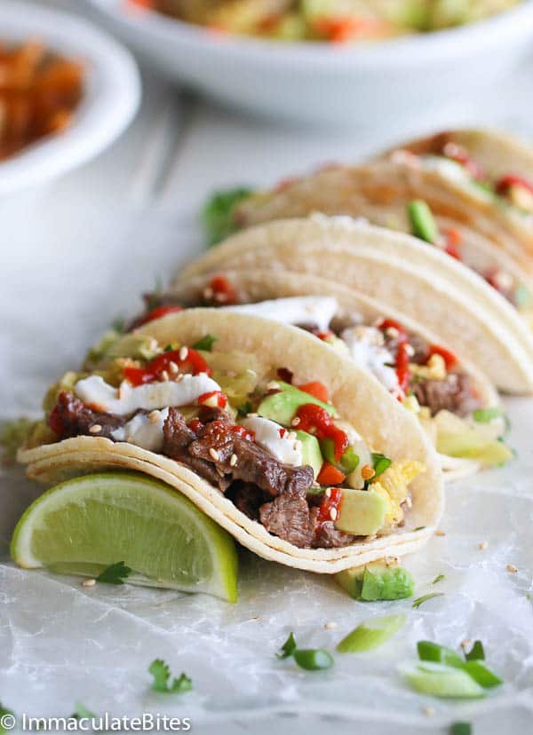Ready to enjoy Korean bulgogi beef tacos with kimchi