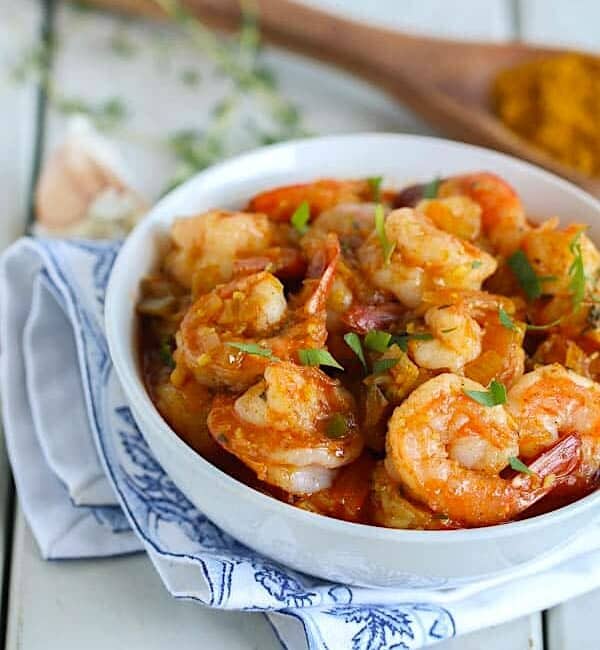 A decadent bowl of Caribbean curried shrimp