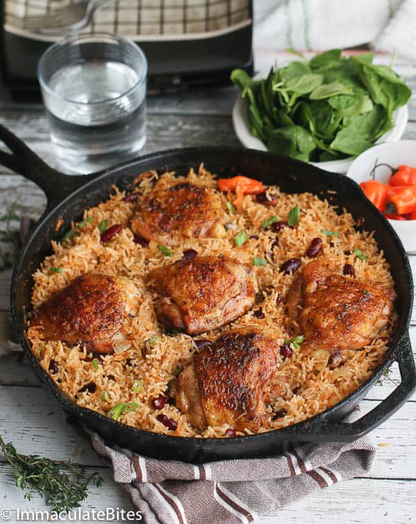 Serving up Caribbean jerk chicken and rice in one pot, from stove to oven to table