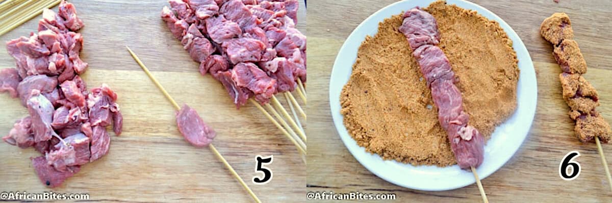 Skewer the meat and season it