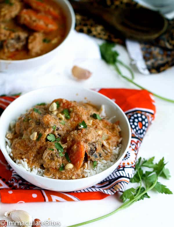 Maafe West African Peanut Soup served over white rice for a soul satisfying meal