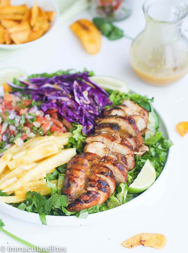 A Bowl of Caribbean Grilled Chicken Salad Served with Plantains