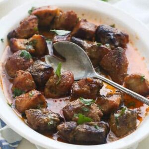 Pork Griot in a serving bowl ready to enjoy