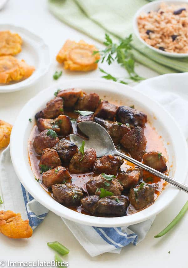 Pork Griot in a serving bowl ready to enjoy