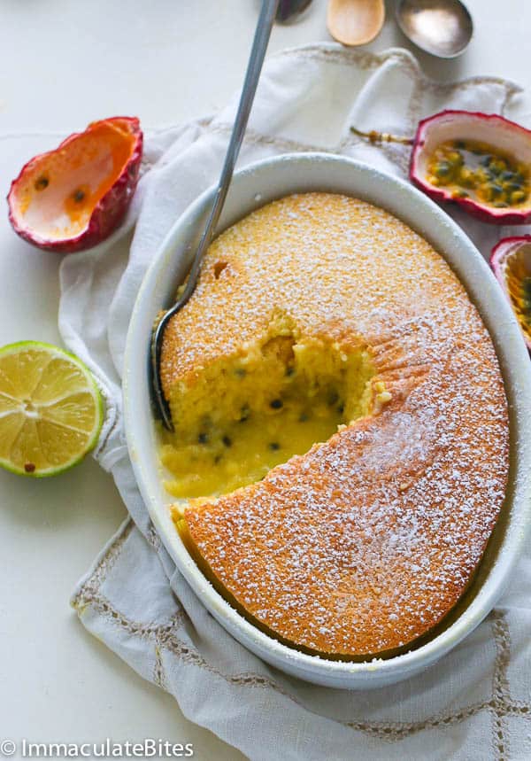 Passion fruit pudding cake with passion fruit slices in the background