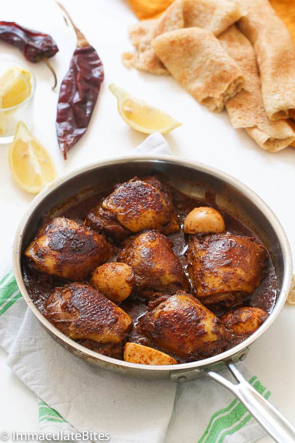 Doro Wat - Ethiopian Chicken Stew in a Pan Served with Injera