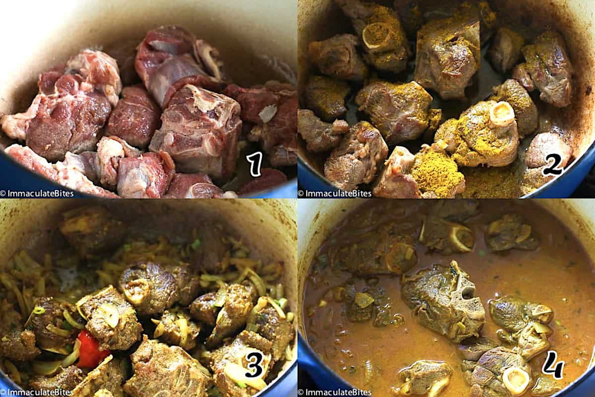 Sear the meat, add the seasonings, add the vegetables, then add liquid.