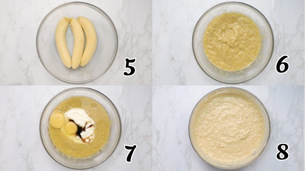 Mashing the bananas and adding wet ingredients
