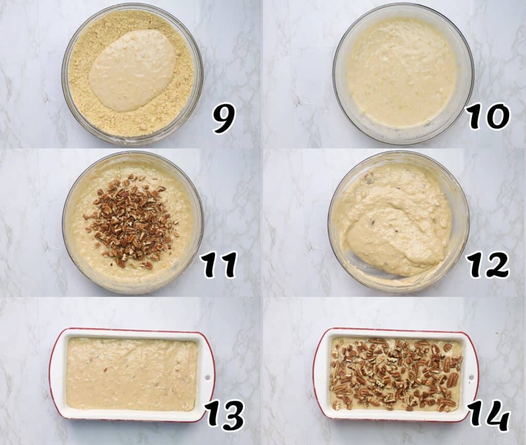 Mix wet and dry ingredients, add nuts and bake banana nut bread