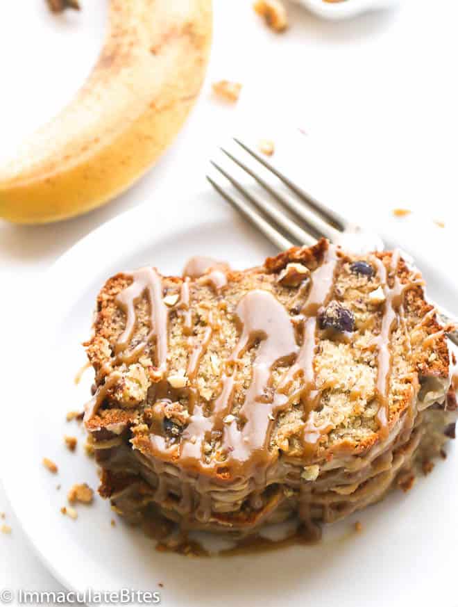 Caribbean banana nut bread drizzled with caramel for the perfect Mother's Day brunch recipe.